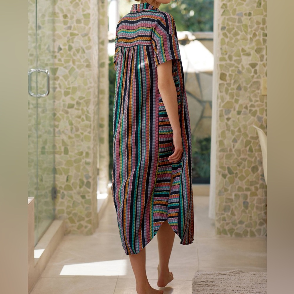 Anthropologie midi oversized colorful striped button up kaftan style‎ dress